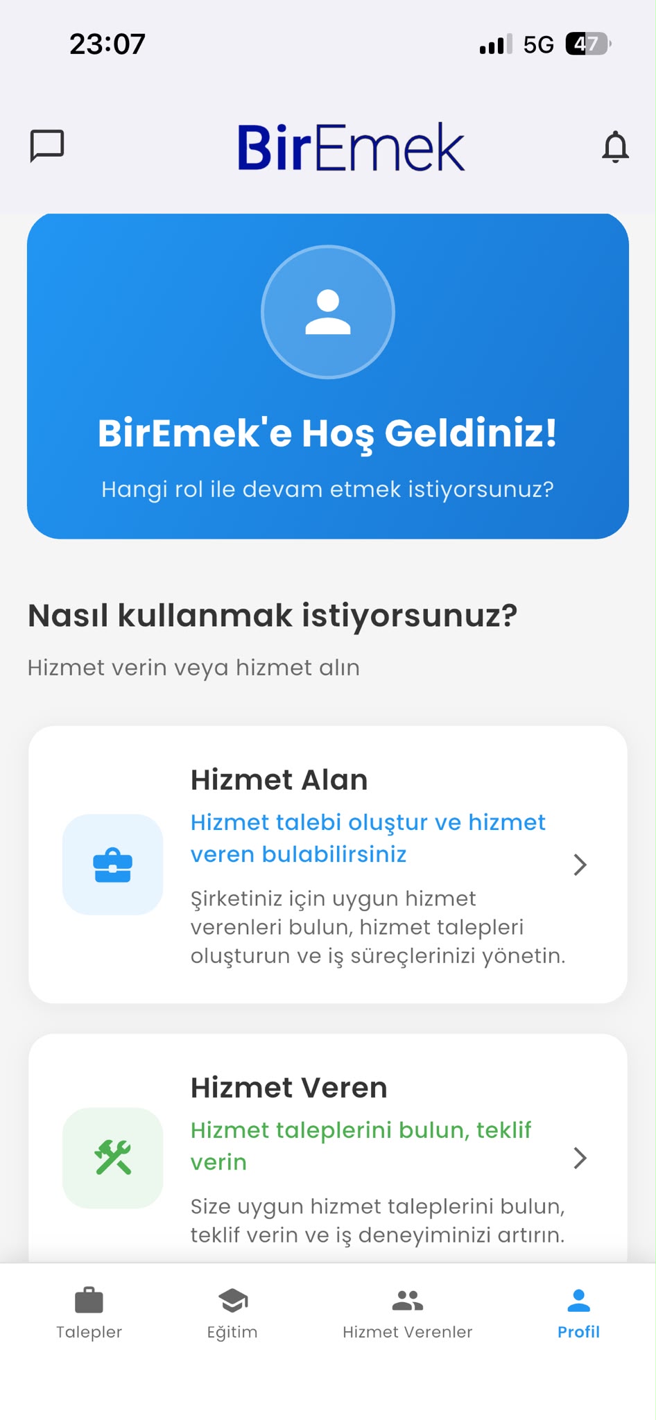 Rol seçim ekranı