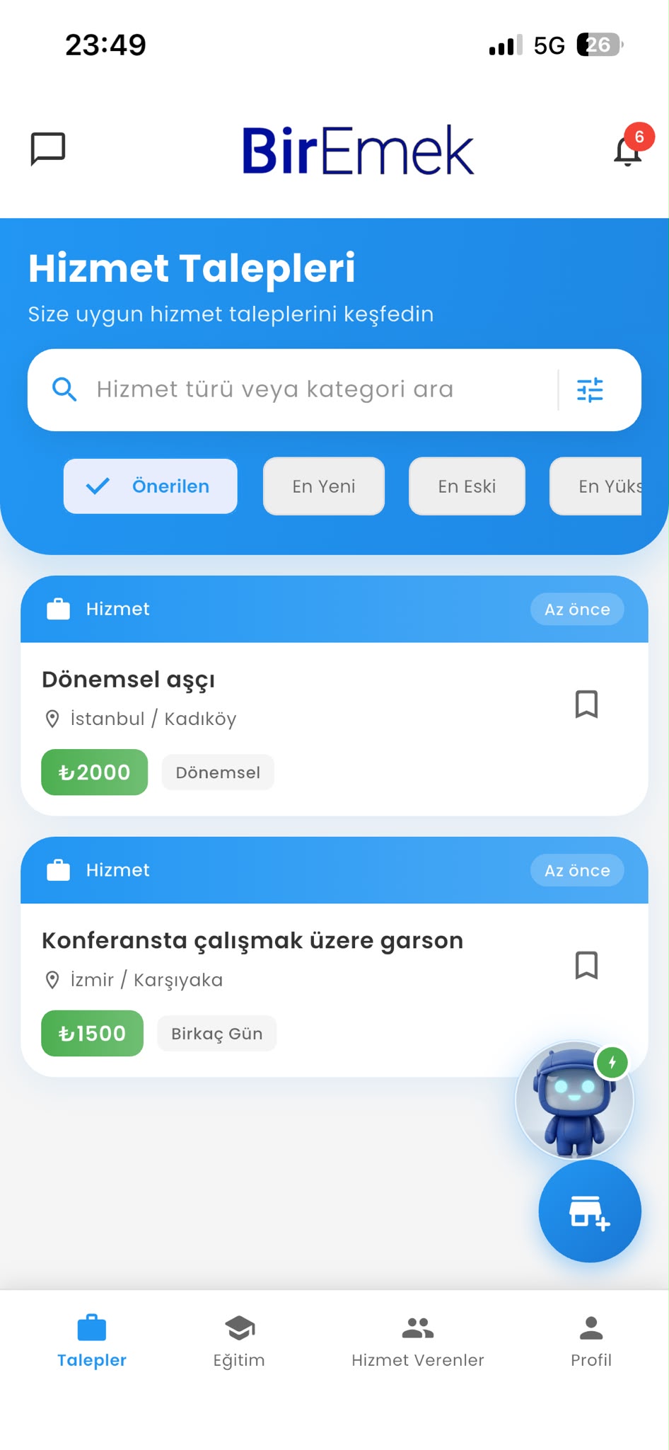 Hizmet Talepleri ekranı