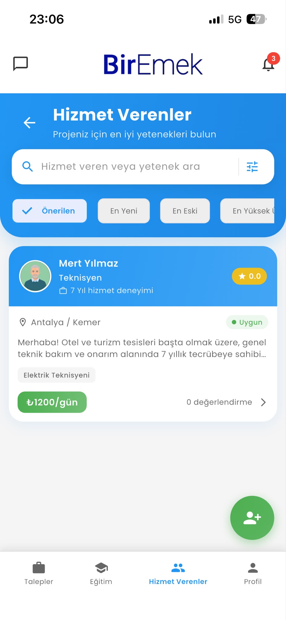 Hizmet Verenler ekranı